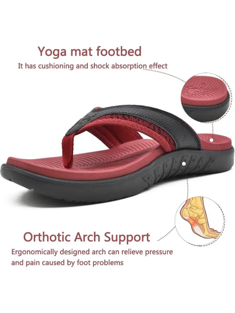 Mens Red Black Arch Support Sport Flip Flops Comfort Orthotic Thong Sandal Shoes